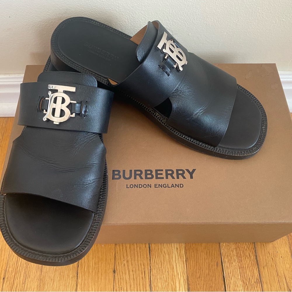 Burberry Black Leather Slide Sandals